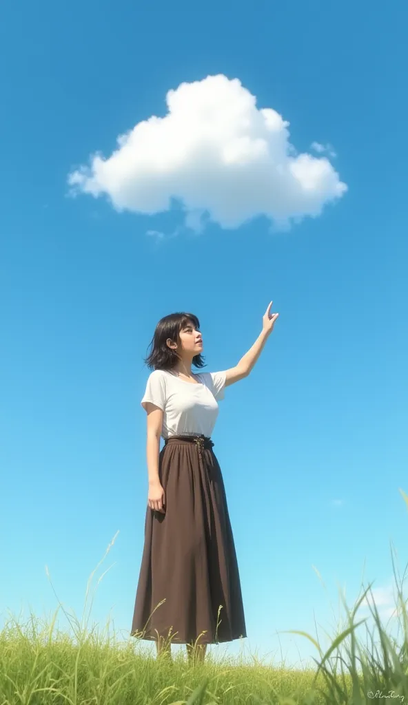 Realistic, photograph, alexapearl, modest dressed, long skirt, standing, medium body shot, pointing a single cloud in the blue sky