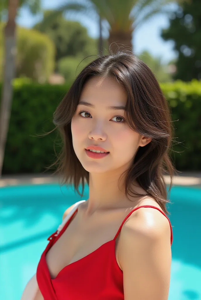 "Generate an ultra-high-definition image of a young asian woman with an oval-shaped face, warm Italian-tanned complexion, and smooth, luminous skin. Her facial features are harmoniously balanced, with large, almond-shaped eyes in a greenish-brown color tha...