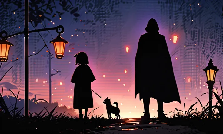 Overnight in the village, a single lamppost illuminates a small path, The silhouette of a man is standing under this lantern, as if he were protecting the light coming from the flashlight, a small dog is visible in the background,