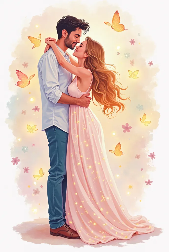 A pastel-colored, dreamy illustration of a couple in an intimate embrace, with delicate silk sheets and glowing fairy lights. The art style is soft and romantic, with watercolor textures and warm highlights, Sticker, Delighted, Vibrant Color, art toy style...