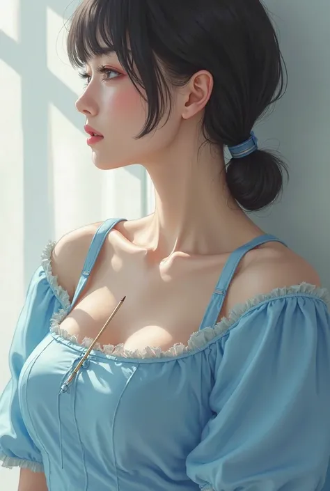 Photorealistic, Ultra-detailed, finely detail, High resolution, 8K Wallpaper, skyblue colored one piece dress square neck sleeve. 27 japanese beauty a pencil is perpendicularly stucked against her Breast. 