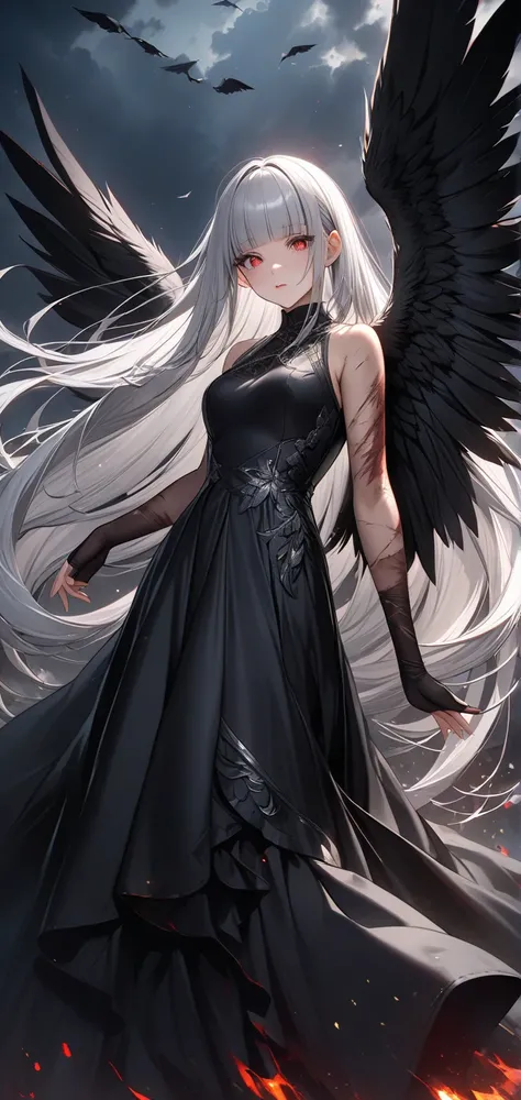 Ultra high resolution, rich colors, perfect image, top quality, detailed image, beautiful woman, glowing skin, texture of skin and clothes, delicate eyes, dark sky, fallen angel, (((one big black wing))), (((black long dress))), (((body covered in scars)))...