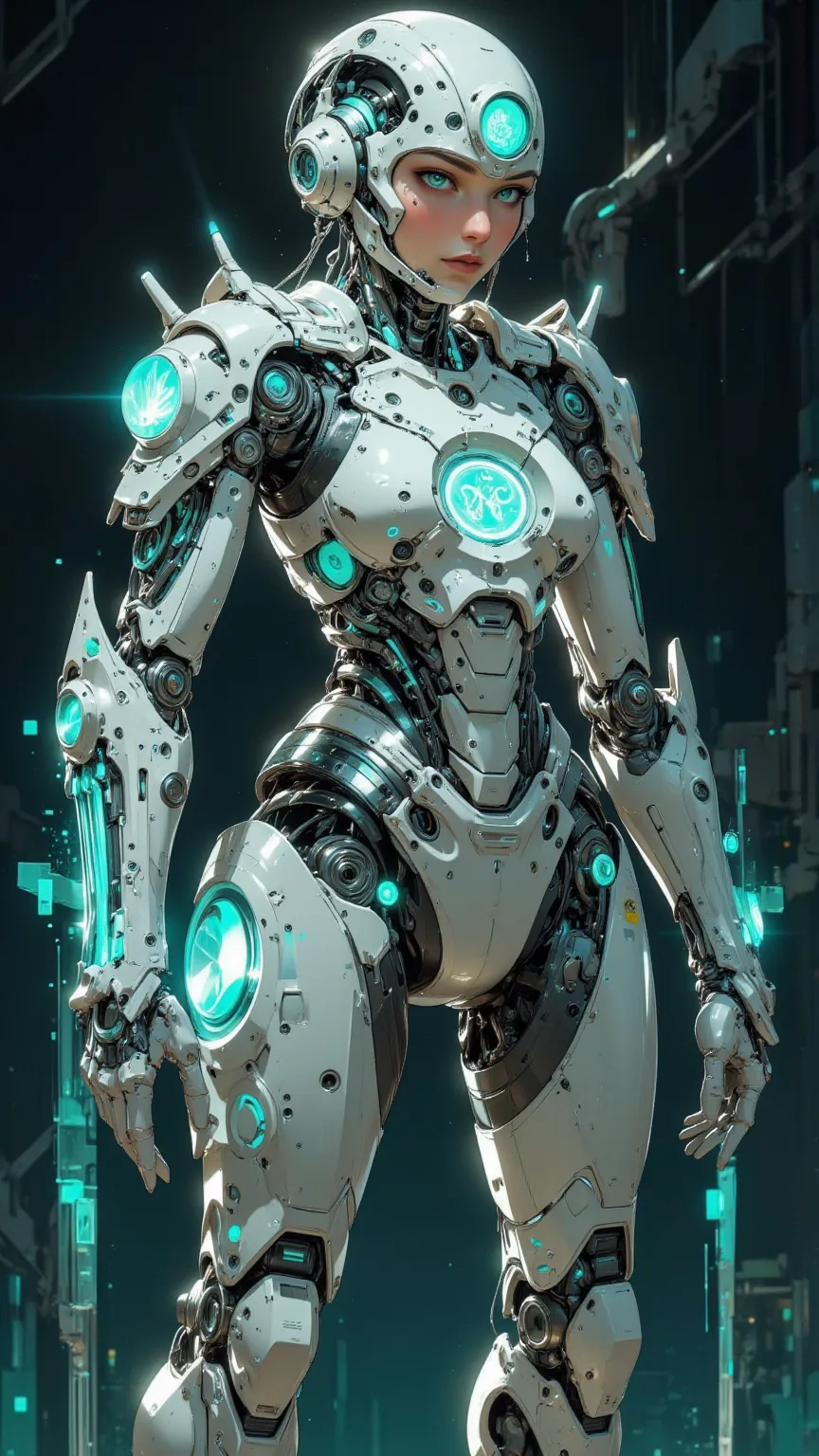 Generate a hybrid AI image of a futuristic cyborg meticulously crafted from a diverse array of materials and technologies. This cyborg is clad in a silver-white exoskeleton adorned in teal, a design that juxtaposes its human form with its technological enh...