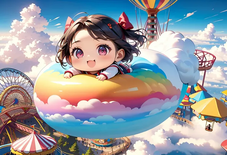  Masterpiece, Top Quality, Created in High Resolution, 4K, 8k, realistic, photorealistic: 1.5, One Cloud Floating in the Sky, Deep Blue Sky,
Doo-un,((Goddess of Clouds Riding on Seven Colored Clouds、Amusement Park Above the Clouds)),((deformed character, c...