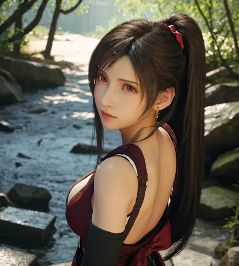 FF7 Remake Tifa Lockhart、1 girl, solo, TOP QUALITY, Ultra Fine, big breasts, beautiful pretty red eyes, earrings, forest spring background、 upper body only、look at cleavage, Smooth beautiful lips、I'll brush up my back hair、 ribbon hair accessory, Turn your...