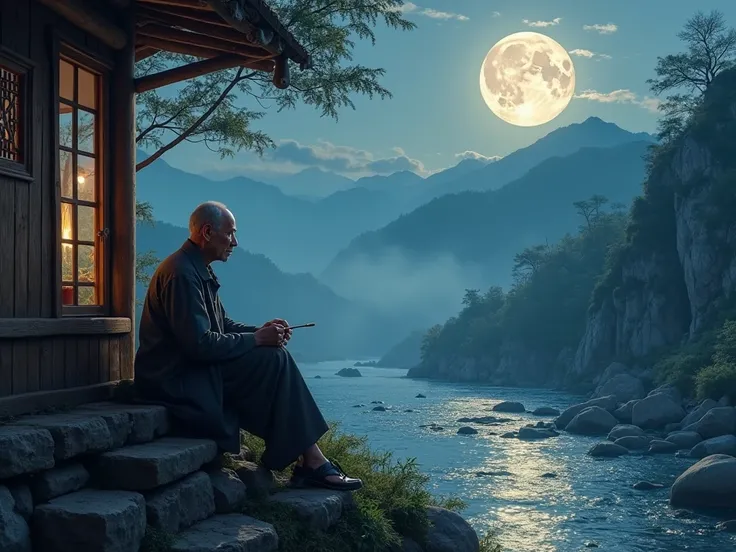 A full moon glowing brightly over the mountain peaks.
Moonlight filtering through the leaves, the surface of the stream sparkling like a mirror.
Ho Chi Minh sitting by the window, gazing at the natural scenery, holding a brush in his hand.