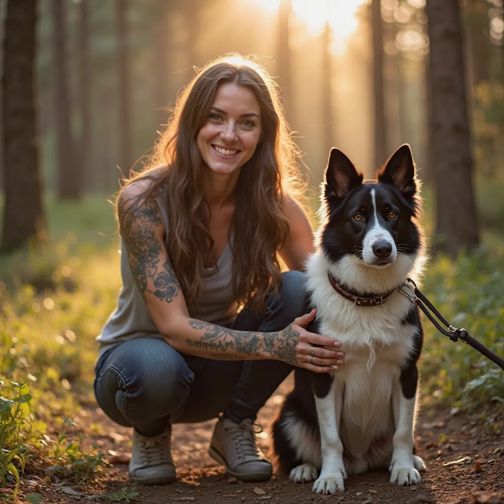 A woman with long brown hair and brown eyes has tattooed squatting in front and next to her holding a black and white pit bull on a leash and holding a black and white staffie on a leash and in the background a forest with sun rays 