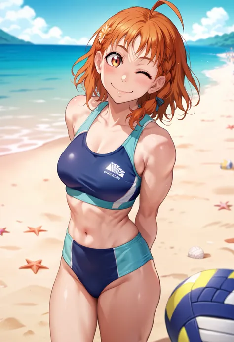 1girl, takami chika, medium hair, orange hair, standing, sporty athletic build, sharp lines, vibrant colors, RUKIA Style, ahoge, blush, braid,beach volleyball uniform, side braid, smile, solo, split mouth, standing on beach, playful pose, light breeze, flo...