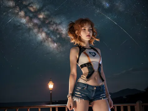 Astrid, Short Hair, curly hair,  orange hair, slim body,  small bust, short,  at night,  Starry Sky, milky way