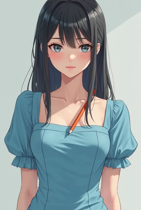 Photorealistic, Ultra-detailed, finely detail, High resolution, 8K Wallpaper, skyblue colored one piece dress square neck sleeve. 27 japanese beauty a pencil is perpendicularly pierced against her breast. 