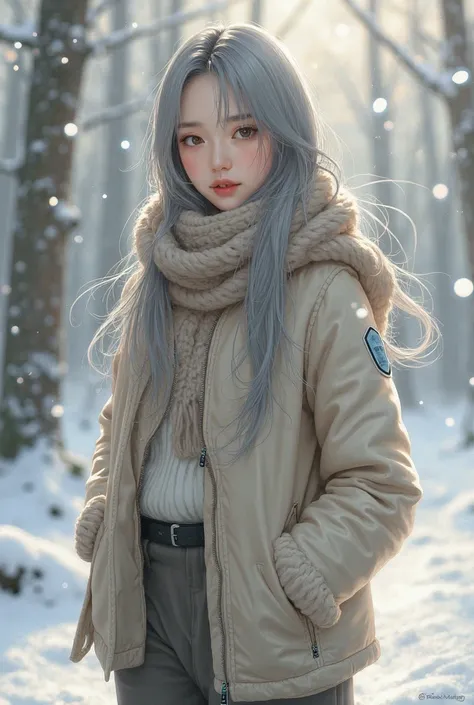  Korean girl with long gray hair,  wearing winter clothes , invent, 