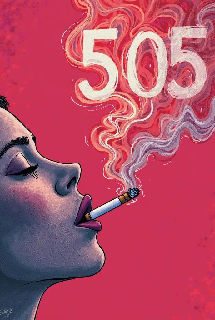 This image features a pink, red and purple background with a stylized, surreal illustration. The artwork depicts a  closed mouth , which appears to be exhaling from a cigarette transforming into swirling numbers 505 which merges into the smoke. The smoke i...