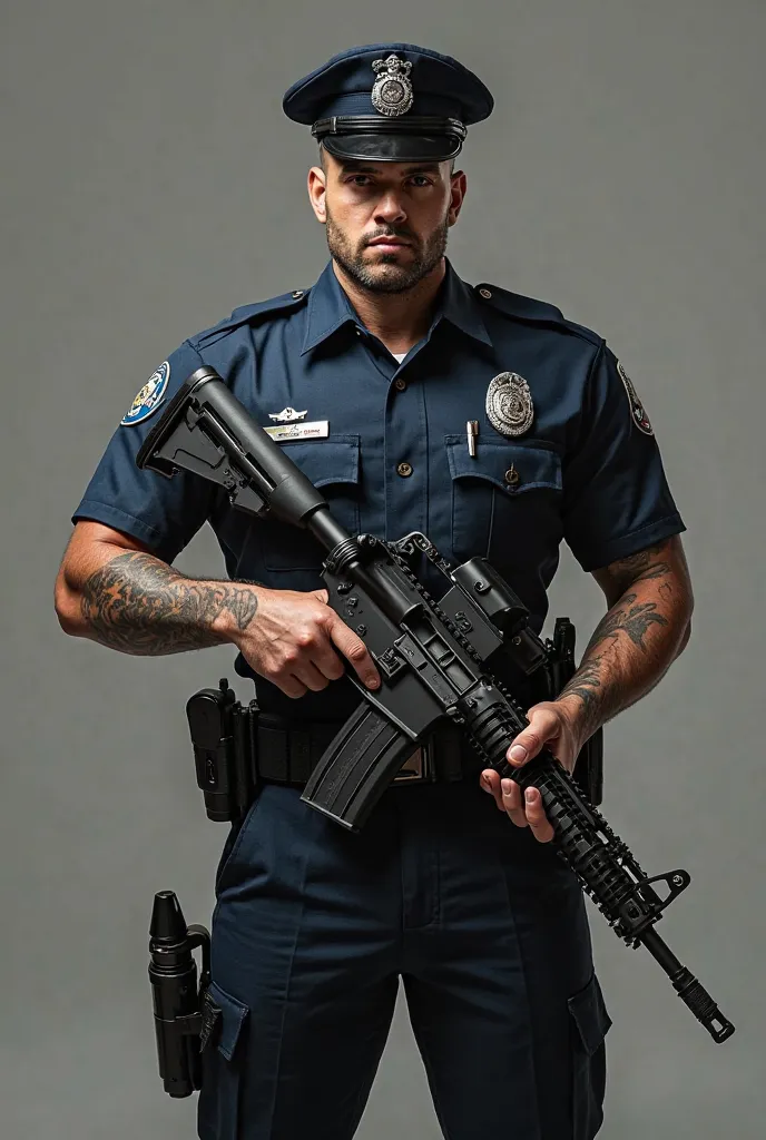 I would like to create a policeman with an M4 rifle in his hand with a tattoo on his arm, With graduation uniform with beret 