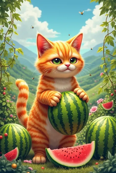 An orange cat is picking watermelons to eat