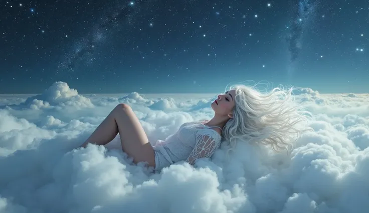 A woman with long white wavy hair,she will be lying on top of a cloud in the sky and will be covered by a cloud as if it were covering her,and the sky will be at night showing the stars and planets and the universe above