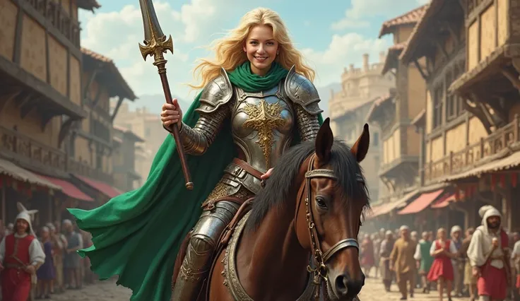 Crusader, Blonde Woman is dressed as war armor , she got mace and shield, green cape, She is riding in a medieval horse cart and laughing, smiling face, medieval street background 