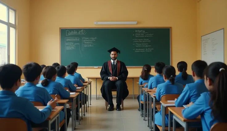 Create a wide-shot, cinematic image of a clean, well-organized Pakistani classroom. The scene features rows of straight-aligned wooden desks, with students sitting neatly in their seats, all wearing crisp blue shirts. Only the backs of the ren are visible,...