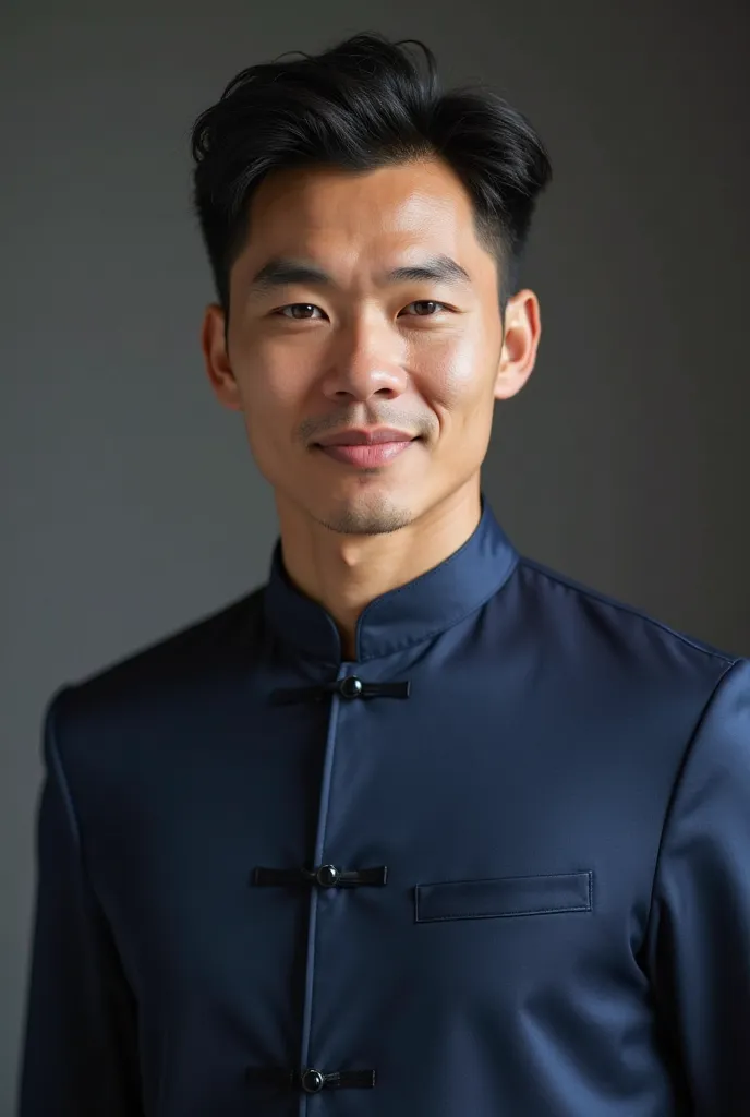 Chinese Male Masseur，Professional Face，Wearing Navy Blue (Chinese Collar) clothing