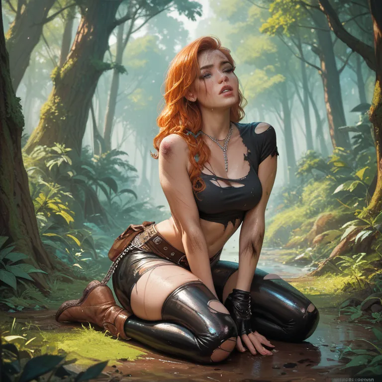 A Ginger Woman kneeling in forest torn clothes Desperate witch dirty skin Scratches hitmarks words written in black Paint on skin chains on arms