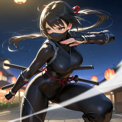 1girl, ninja girl, black body suit, old japan style, night, outdoors, ninja action pose, (masterpiece, best quality, ultra detailed),