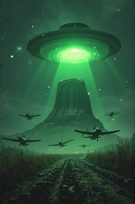 Devil's Tower Wyoming at night with Green Glowing UFO being chased by military ospreys close up with falling gravel and flying orbs 