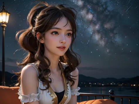 Astrid, Short Hair, curly hair,  orange hair, slim body,  small bust, short, black tights,  at night,  Starry Sky, milky way