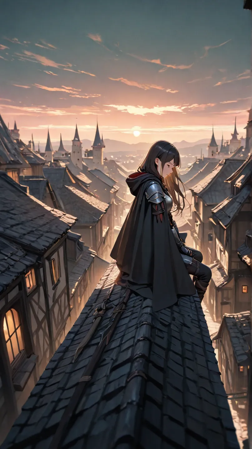  huge _very high resolution, high resolution,  masterpiece, recent, 1 female,  long hair, dark hair, assassin, Hooded Cloak , Side view, lightweight armor, dagger,  bangs,  blurry , On a very high roof, Perched,  outdoors, Expansive view, Panoramic view, L...