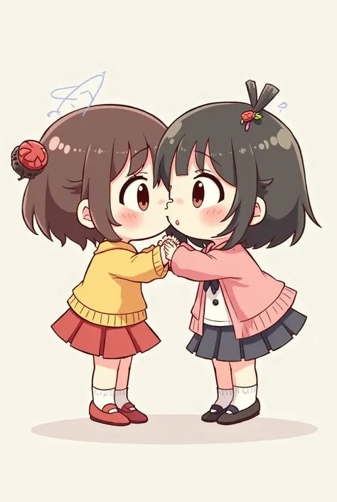 Create a chibi art, two girl. The one girl is kissing the other one on the cheeks