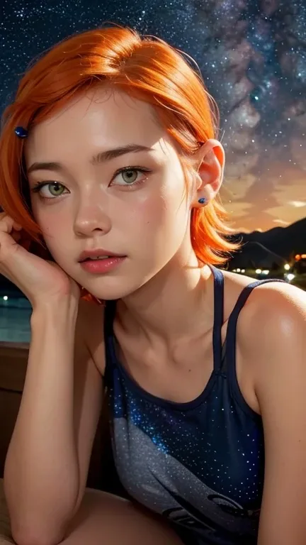 Astrid,  nude, Short Hair, curly hair,  orange hair, slim body,  small bust, short,  at night,  Starry Sky, milky way