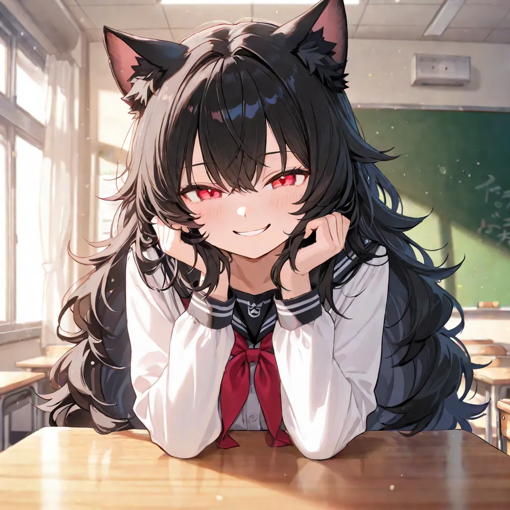 cat girl. Black fluffy hair. red eyes. Japanese , stands in front of the classroom. Obsessive possessive smile. 