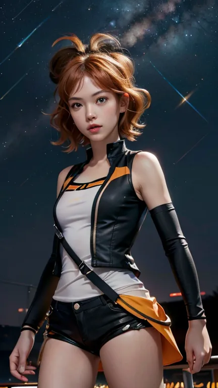 Astrid, Short Hair, curly hair,  orange hair, slim body,  small bust, short, black tights,  at night,  Starry Sky, milky way