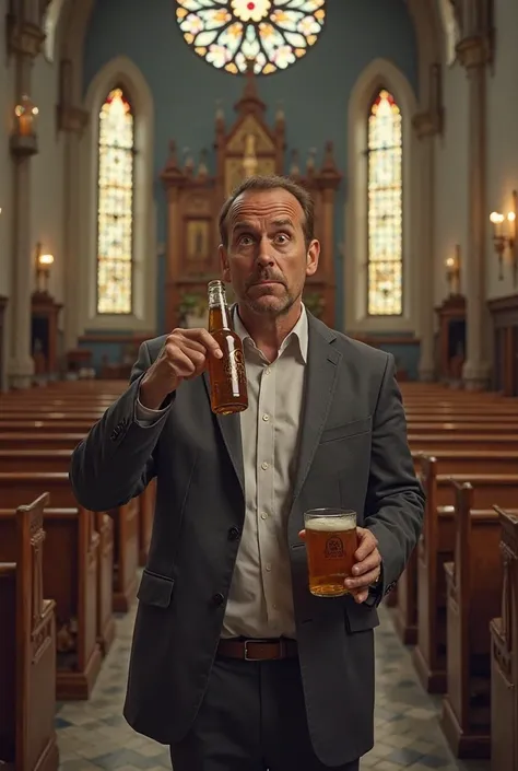 Astonished man in church ho is drinking beer