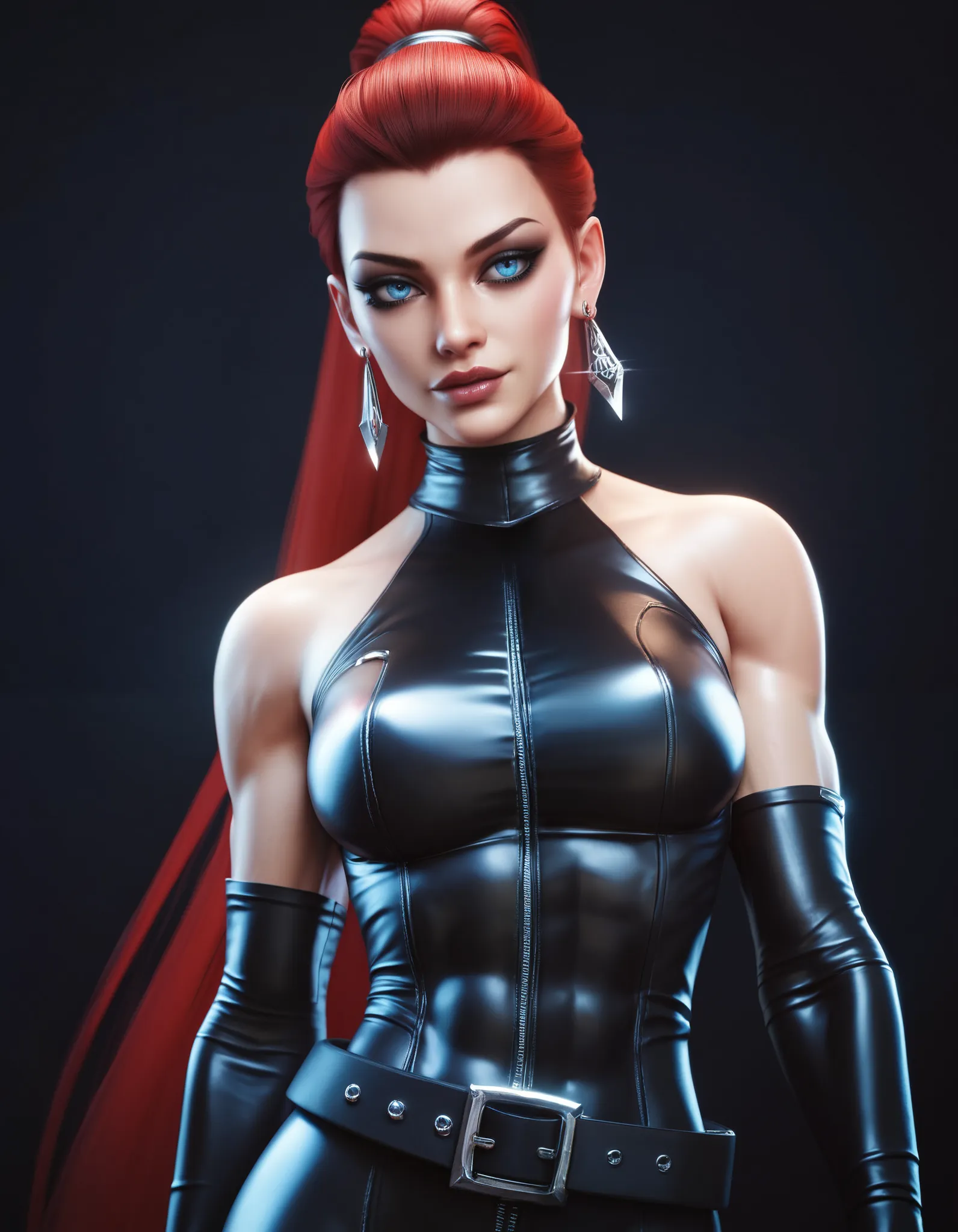 female black sleeveless latex bodysuit, black belt, racerback, bare shoulders, long gloves, black gloves, toned arms, beautiful faces, red ponytail with showing forehead, long sleek ponytail, earrings, soft smooth skin, pale skin, black background, blue ey...