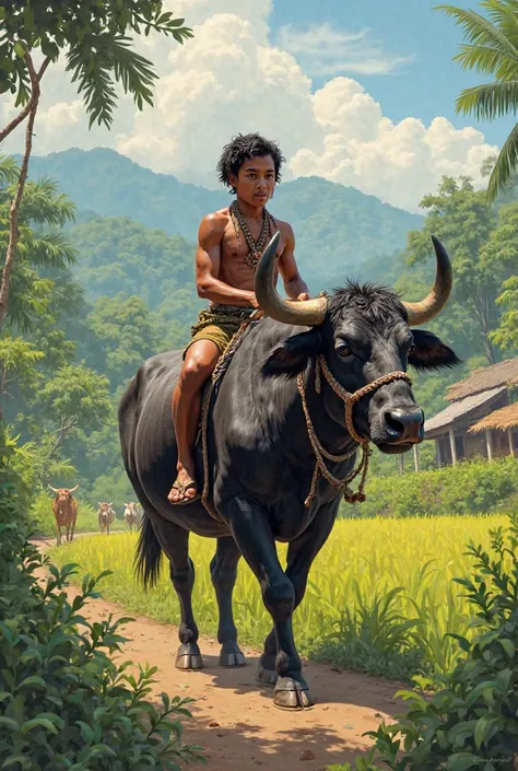 A negritos man riding carabao in philippines
