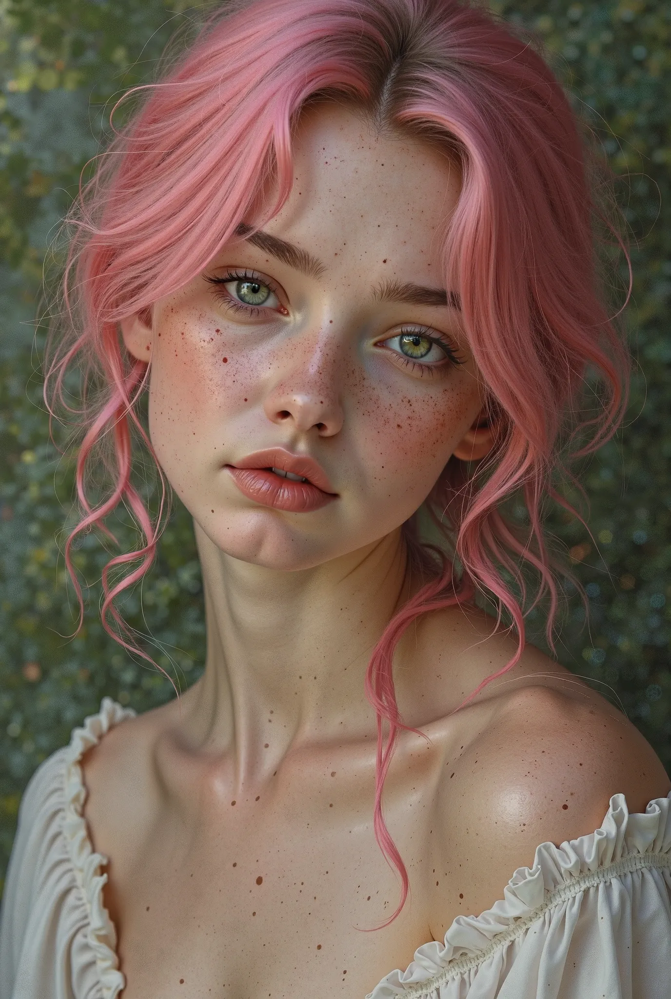 A realistic picture of beautiful breasts, pink hair, freckles on the face of green eyes 