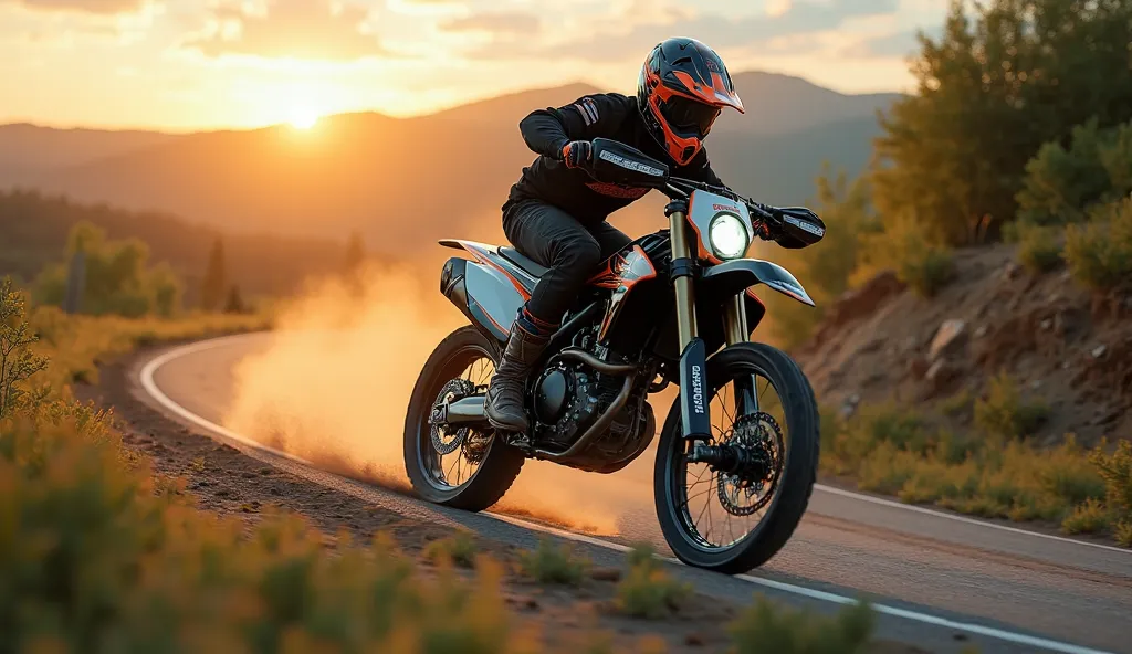 Astunningly realistic image of a 2025 (Kawasaki Kx 500 dirt bike), captured mid-corner during a high-speed ride. The (black and orange) motorcycle is sleek, shiny, and emanates power and performance. The rider expertly navigates the curve, showcasing the i...