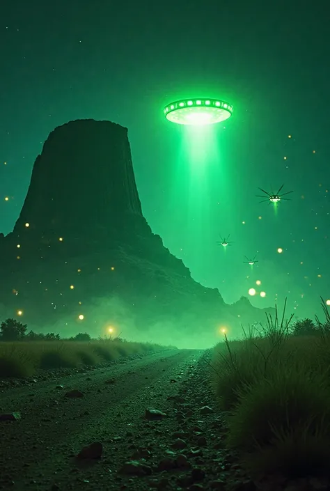 Devil's Tower Wyoming at night with Green Glowing UFO being chased by military ospreys close up with falling gravel and flying orbs movie Sci Fi quality image realistic 