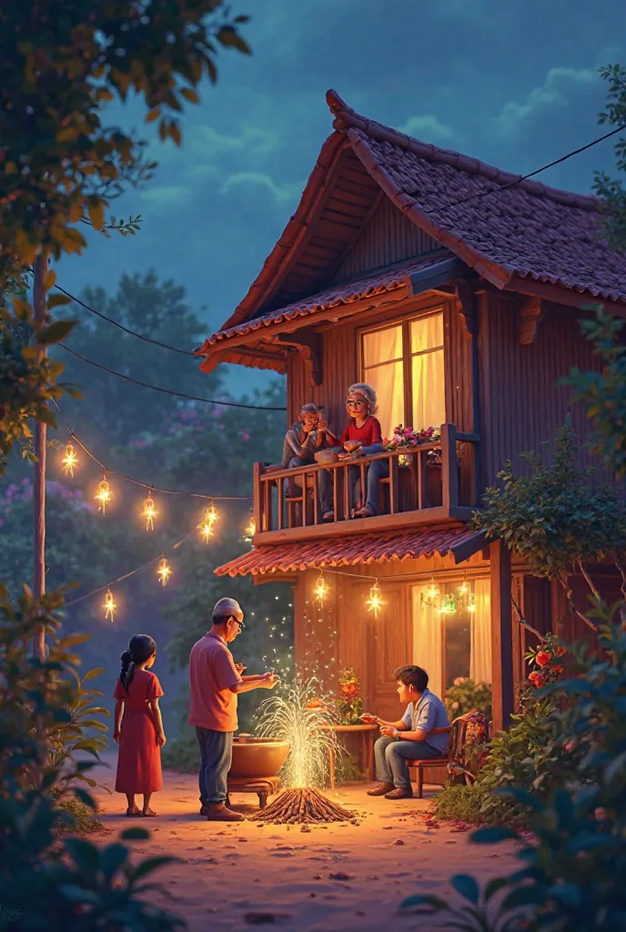 3d cartoon.The atmosphere of Hari Raya in the village. There are many ren playing with fireworks, an old man cook in big pan, Malaysian village house decorated with colorful lights. Mother is putting up curtains. Men and women seat chating at balcony