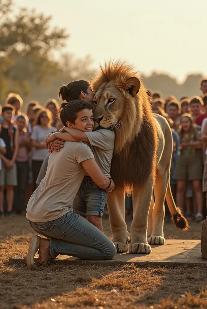 Grateful Mother Hugging the Boy, Lion Watching Calmly The boy’s mother kneels on the platform, hugging her son tightly with tears in her eyes. The lion stands nearby, shaking its mane slightly, looking calm and heroic. A crowd of people gathers around, som...