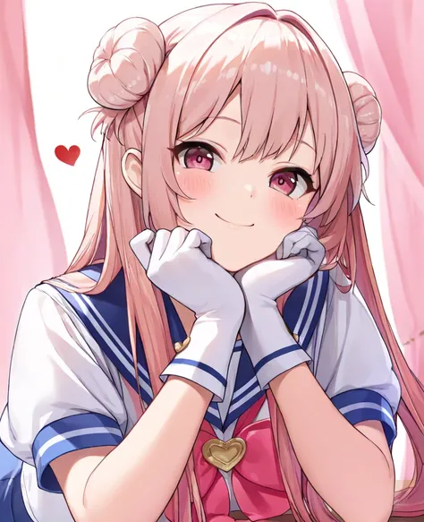 maSterpiece,  TOP QUALITY,solo,  A girl alone, Young face,(), clear 、 S、 small、 Small titS、((( white hair ribbon:0.4))), pink eyes,(((white bun hair))),(((long pink hair))),(((Longer hair))), uniform, sailor suit,Smile,  idol、 lotS of heartS、 have red chee...