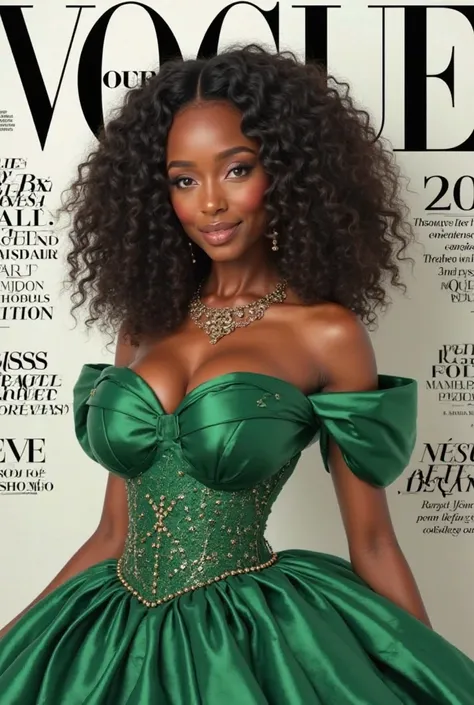 Create the cover of a fashion magazine with Tiana from Disney's real hyperrealistic woman Hyperrealism as the protagonist of the cover and with background texts as if it were a real magazine.  outfit.  hyperrealism. live action magazine. big breasts. big c...