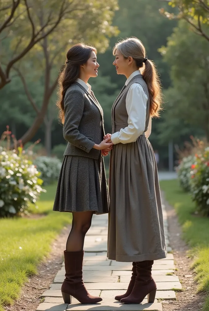 A  girl and a 60-years-old stunning slim Asian woman. The the  girl is wearing a Scottish style pletted skirt, white blouse, wool vest and matching gray wool coat, shiny tights, knee high dark brown heeled boots. The woman is wearing a elegant dress, knee ...