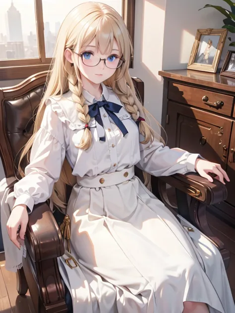 masterpiece, TOP QUALITY, very detailed, 8k, Ultra High Definition, cowboy shot, detailed faces,   female,  blue eyes,  Gold,  long hair,  braids, Glasses, white blouse:1.2,  flared skirt seen from below:1.2, Black shoes:1.2,  luxurious Western-style build...