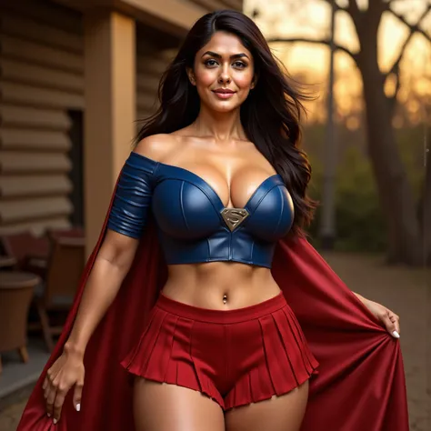 Ultra-realistic digital painting of a breathtaking woman with long, flowing black hair, deep blue eyes, and a sultry, confident smile. She wears a superhero-inspired outfit with a tight, off-shoulder blue crop top, featuring a metallic ‘S’ emblem on her ch...