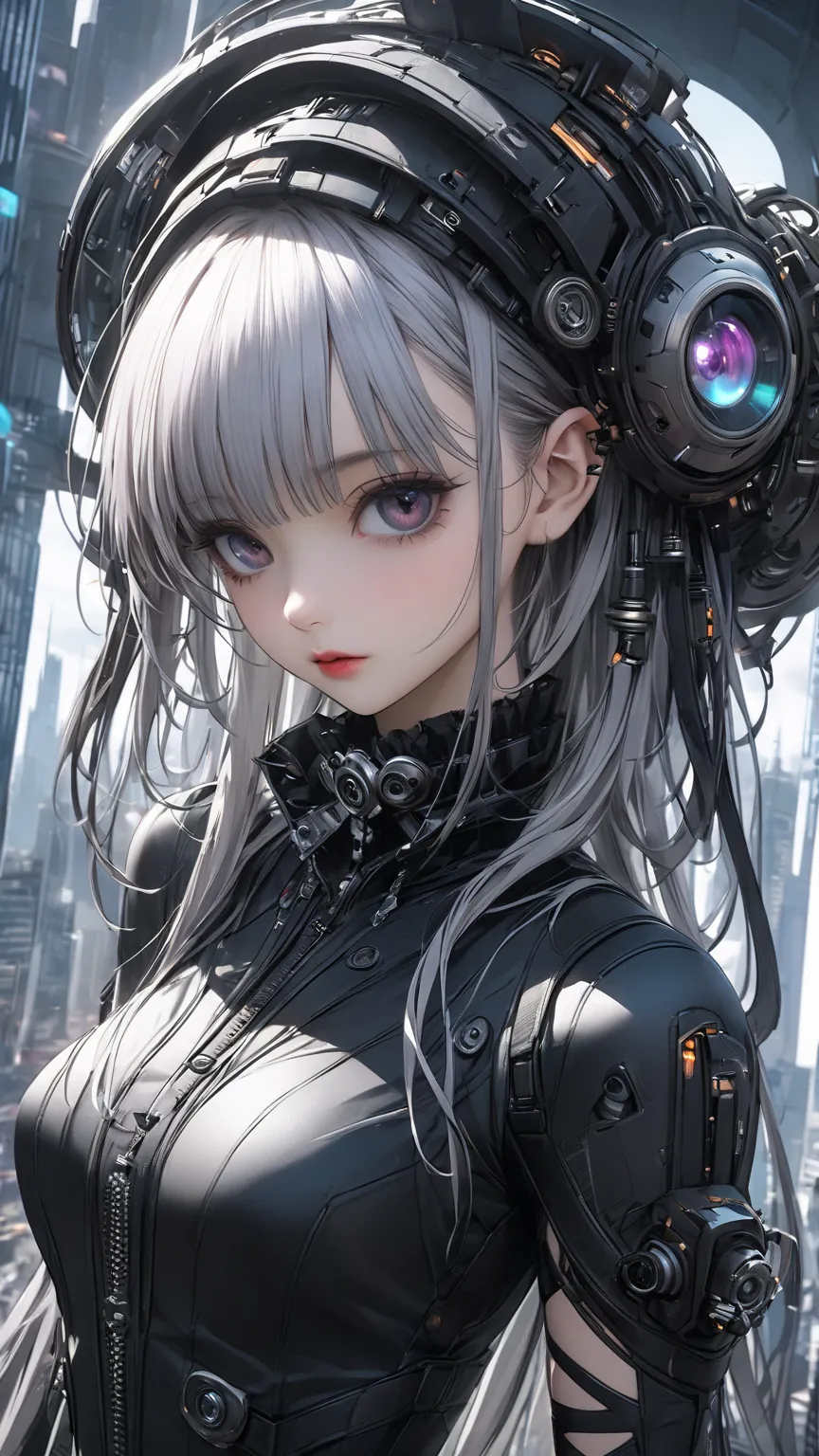  extremely realistic 、High quality texture 、 HD、 Show me the best quality、 exhaustive、 Tim Burton Style、 Advanced Technology  、 Future City 、I'm drawing a girl、  upper body、futuristic gothic costume、The perfect background、 Cinematic 、