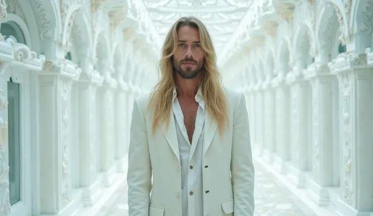 a man with long blond hair dressed in white in a crystal room