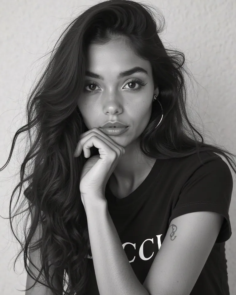 Black and white portrait of a young woman with long, wavy hair. she is wearing a gucci t-shirt with the word "gucci" printed on it. she has a tattoo on her left arm and is resting her chin on her hand. the woman is looking directly at the camera with a ser...