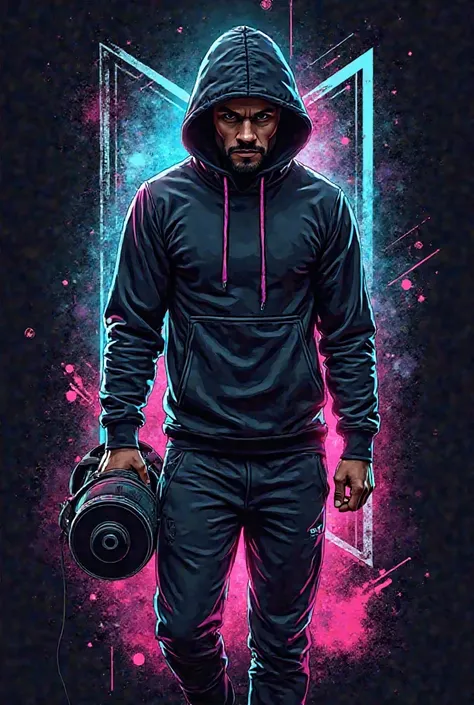 "A sleek, ultra-modern illustration of a fit, athletic figure wearing a hoodie and joggers, holding a gym bag or water bottle. The figure is surrounded by glowing neon lines and abstract geometric shapes, symbolizing energy and movement. The design has sha...