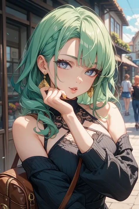 Green Haired Gal、black knit miniskirt dress、Model body type、slender、Paiela with Bag、Around town、 throw kiss、portrait、blur the background of the cup with your right hand、Body Line Enhancing、Gold Earrings、False nails