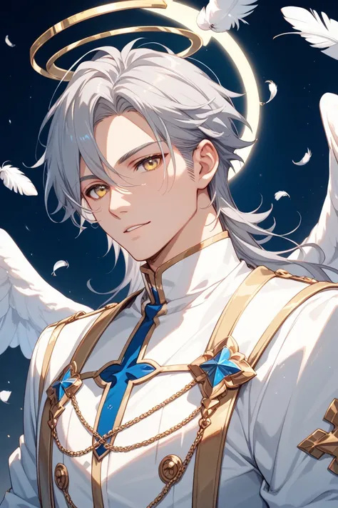 Angel　 male　熾Angel　Four Feathers　Gray Hair　 White Priest Outfit　 yellow eyes　 longer hair